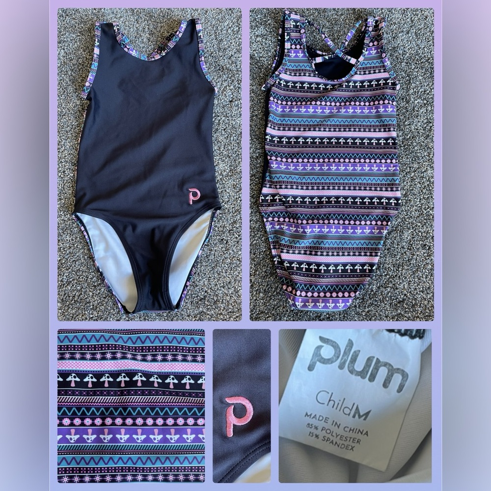 New! Plum practicewear flip side tank leotard + hair tie Child Medium